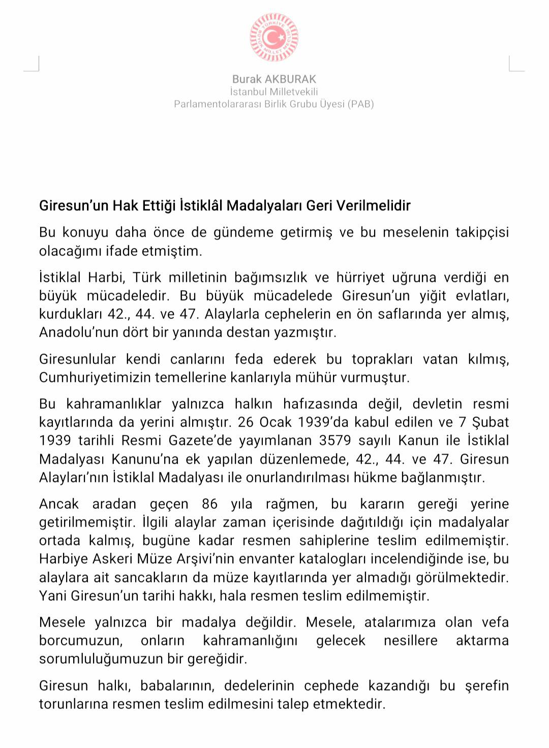 Burak Akburak Istiklal Madalyası